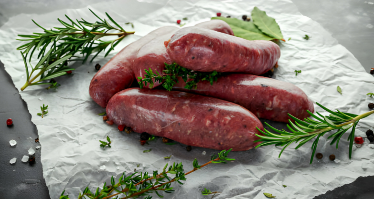 Hands of a cook preparing sausages with fresh herbs, garlic, and spices on a wooden kitchen counter, showcasing the ingredients and tools used in the preparation process.