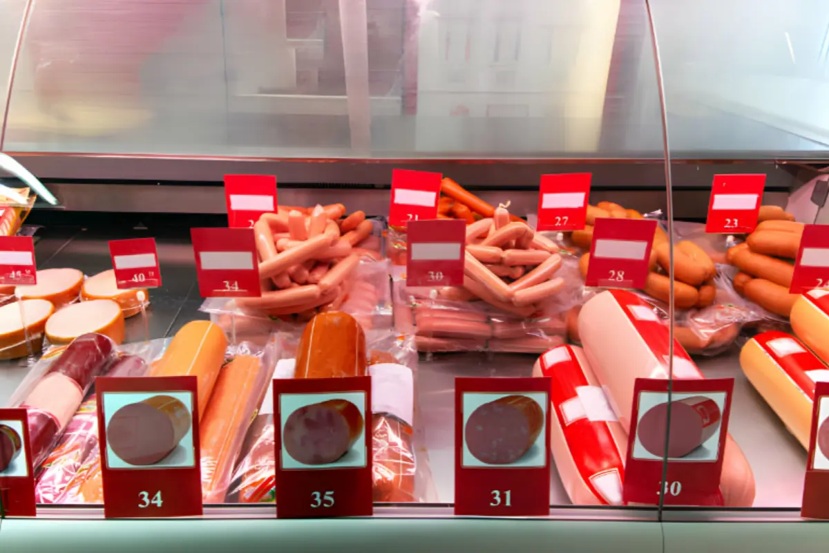 Variety of fresh kielbasa sausages displayed in a market setting, highlighting selection tips