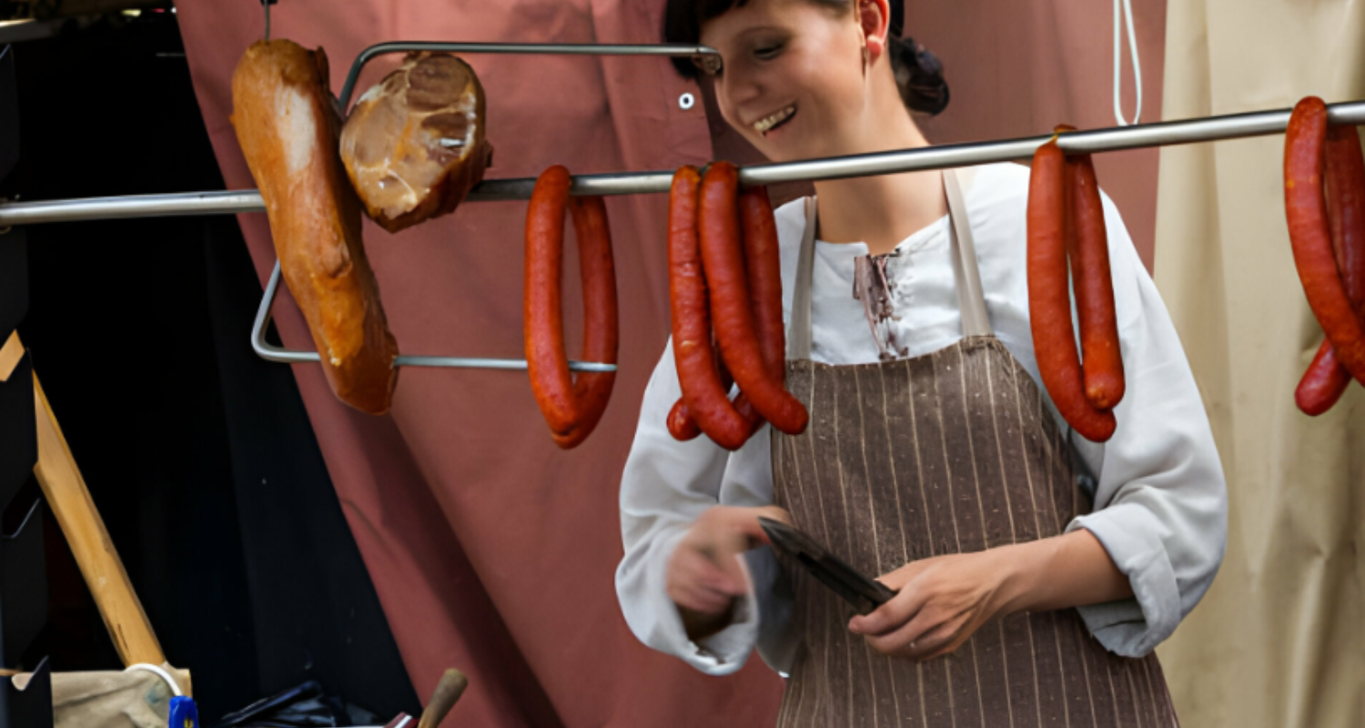 Artisan sausage maker handcrafting gourmet sausages in a traditional butcher shop, showcasing the craftsmanship in sausage preparation.