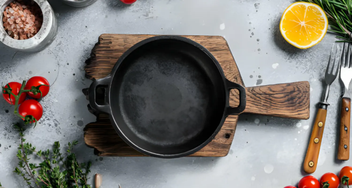 Assorted cooking equipment including a cast iron skillet and teppanyaki plate for preparing meals.