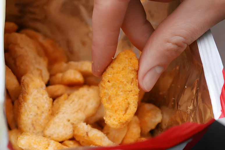 Frozen chicken nuggets being cooked in a modern air fryer