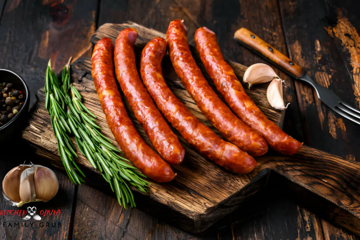 A close-up image of a grilled kielbasa sausage on a rustic wooden table