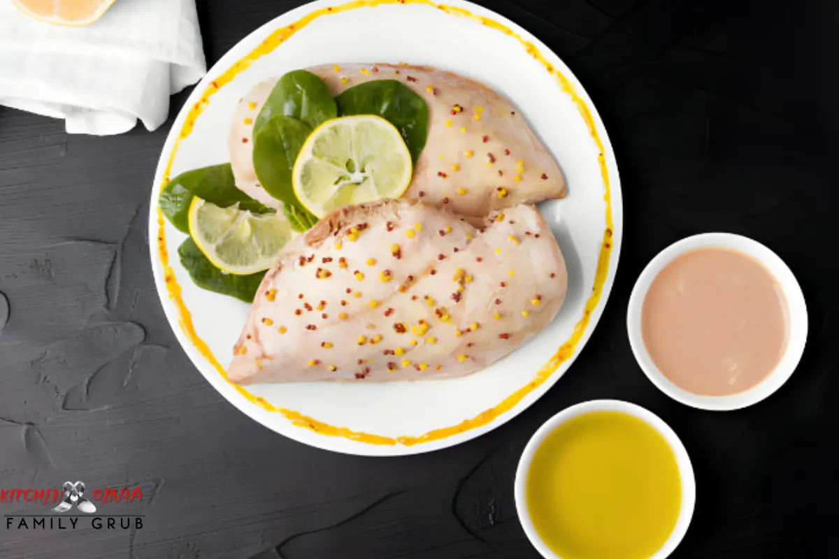 A beautifully plated chicken souse dish with accompanying side dishes.