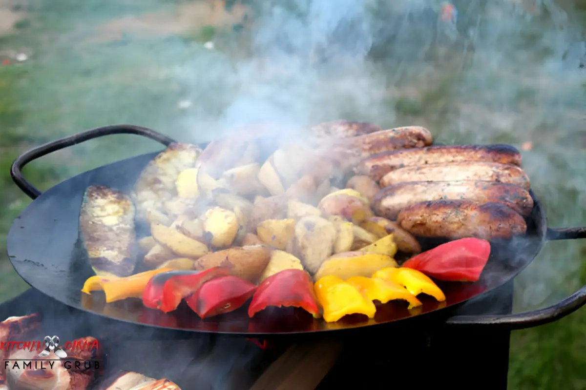 Succulent grilled kielbasa sausage emitting flavorful smoke.