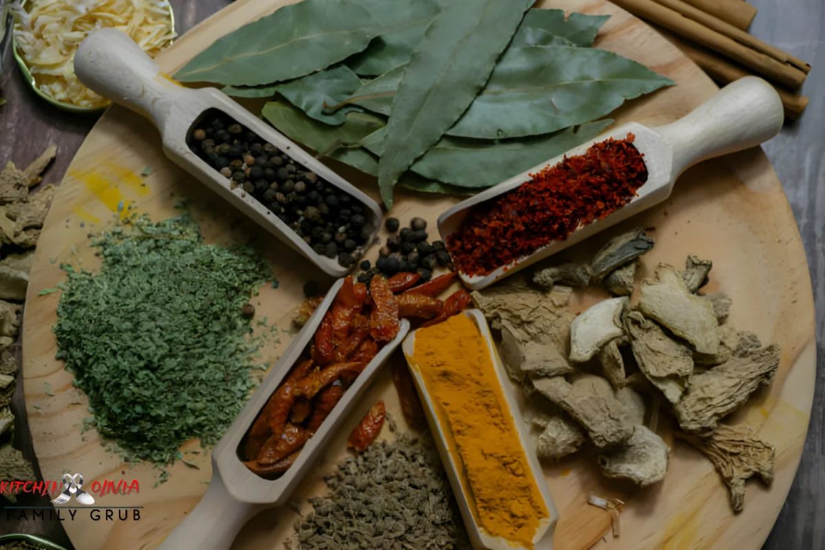 A colorful array of spices and seasonings spread out on a wooden kitchen table.