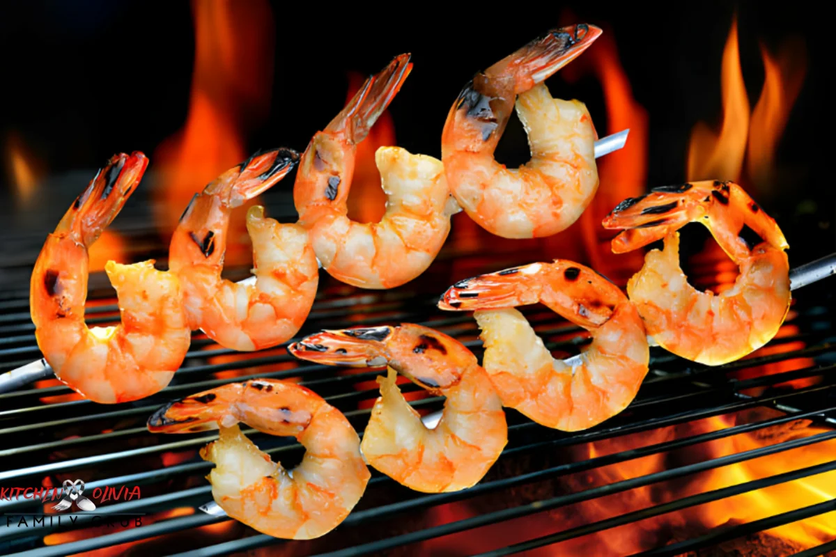 Shrimp skewers grilling on a barbecue grill