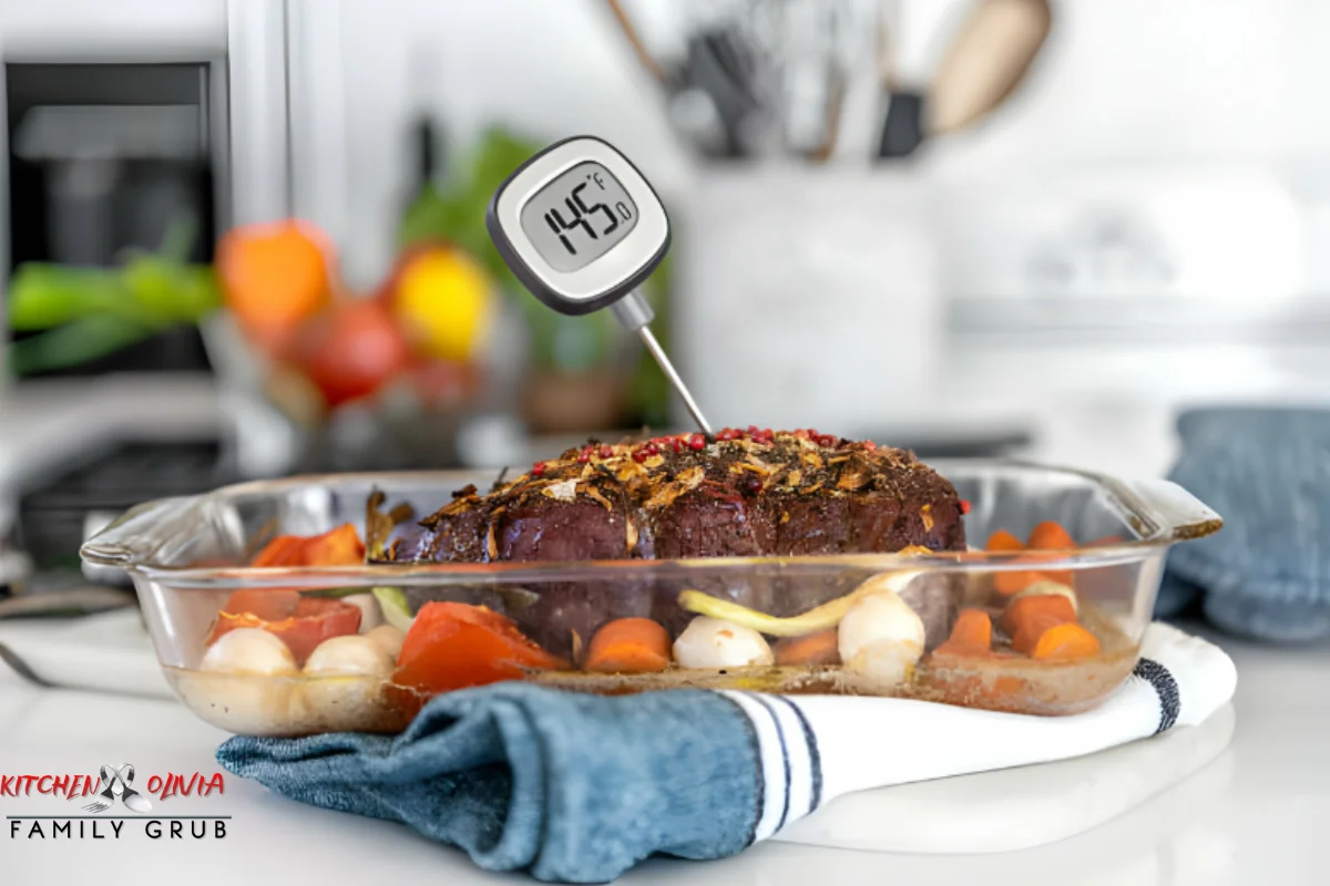 Cooked meatloaf with meat thermometer checking doneness