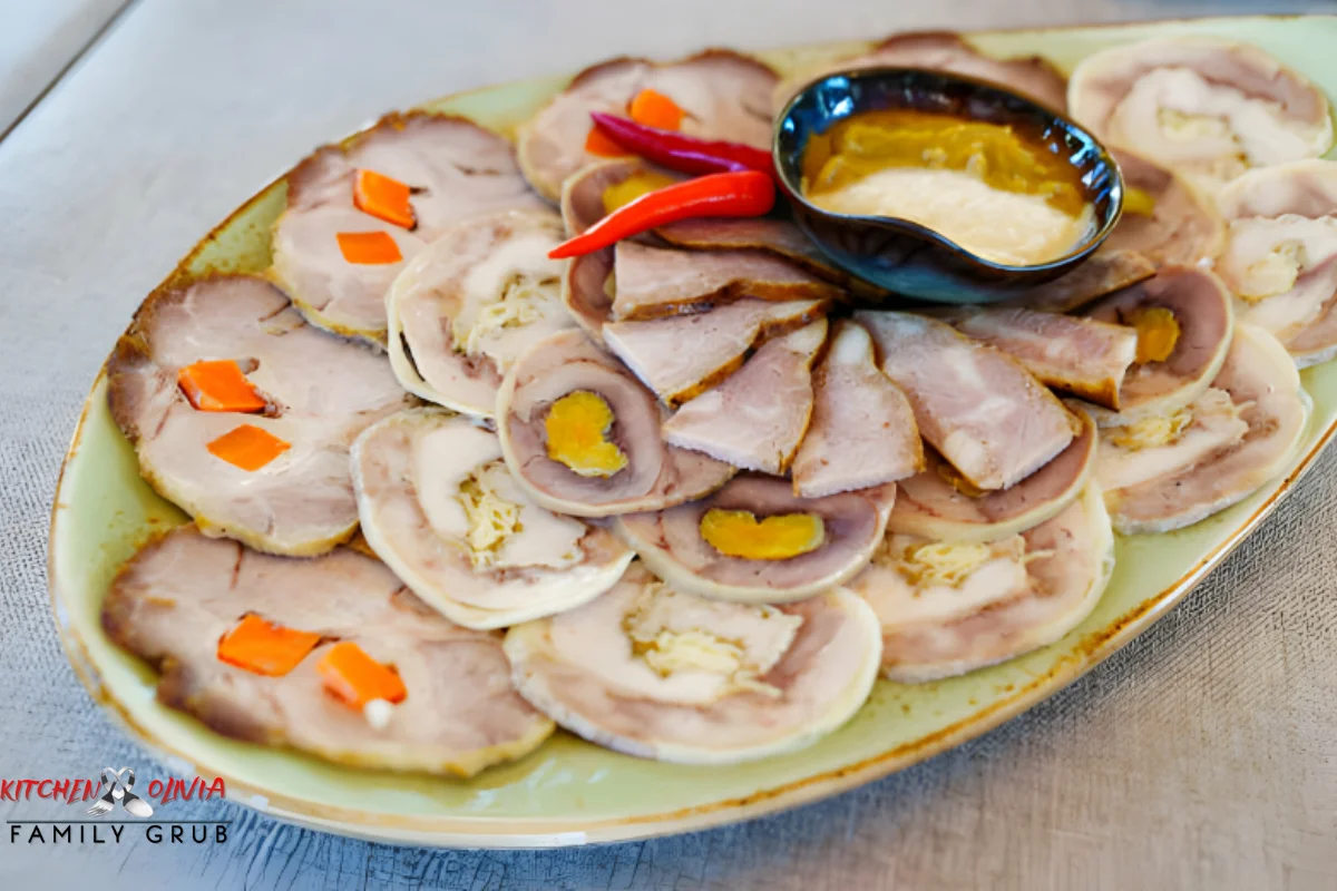 Sliced smoked meatloaf on a serving plate